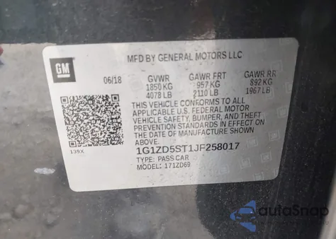 2018 Chevrolet Malibu Lt из США, поврежденный, VIN 1G1ZD5ST1JF258017